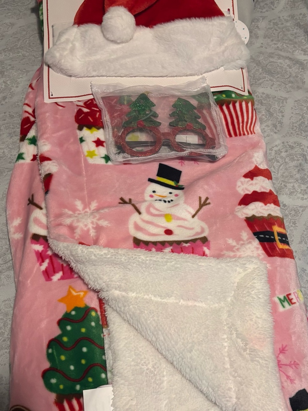 Sugar Pink Holiday throw Blanket with Snowman and Tree Motifs